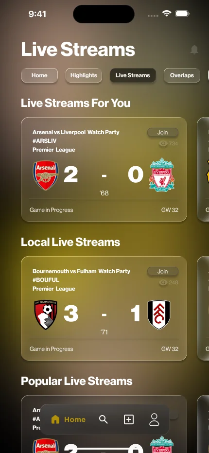 The app's live streams screen listing watch parties with running scores