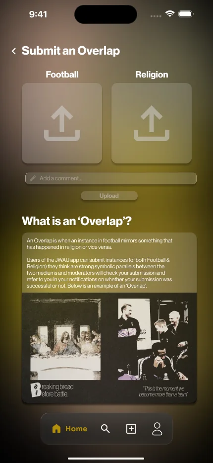 The app's submit screen, two upload panels labelled Football and Religion with an explanation below