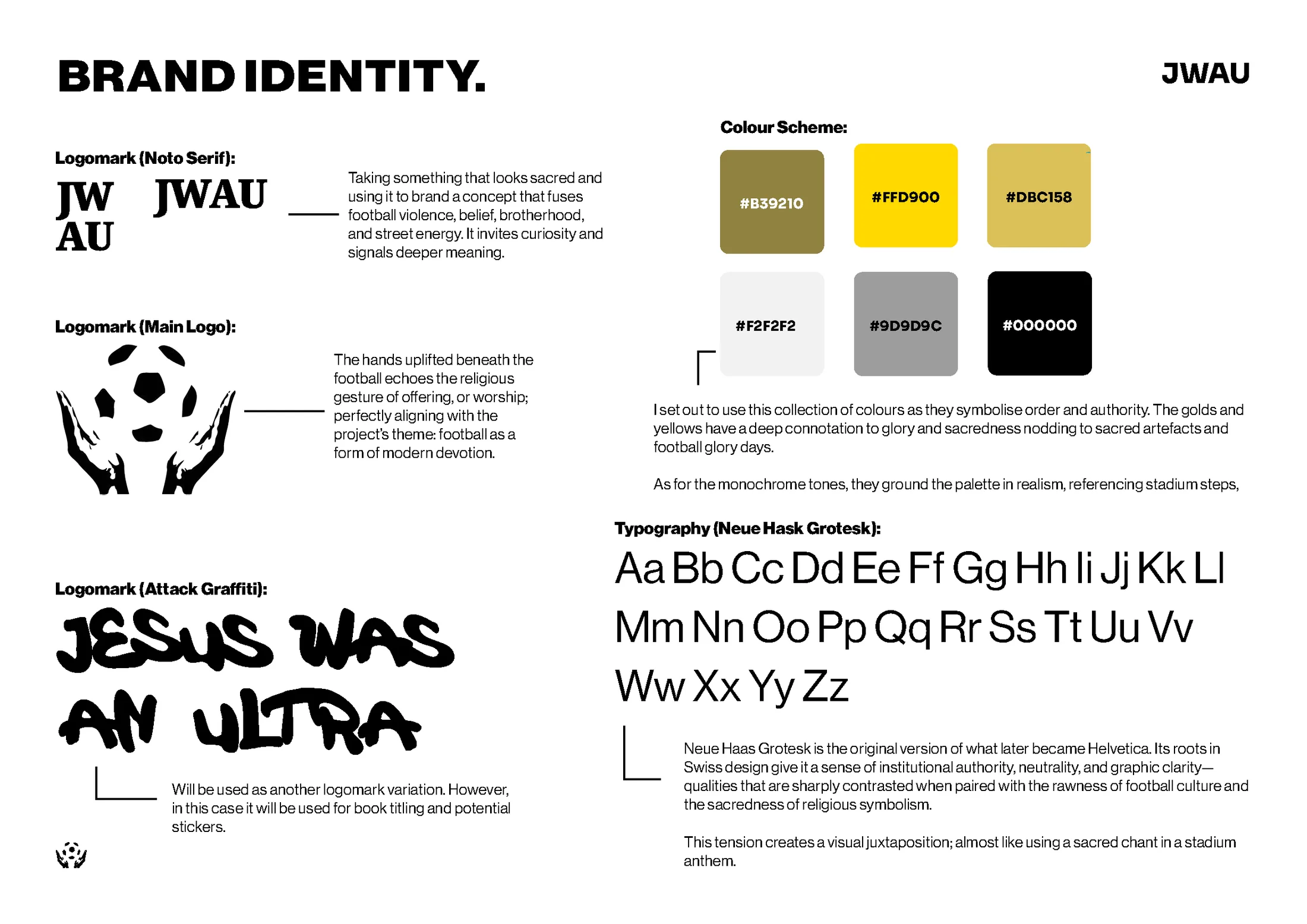 The brand identity sheet: three logomarks, the gold and monochrome colour scheme and the Neue Haas Grotesk specimen
