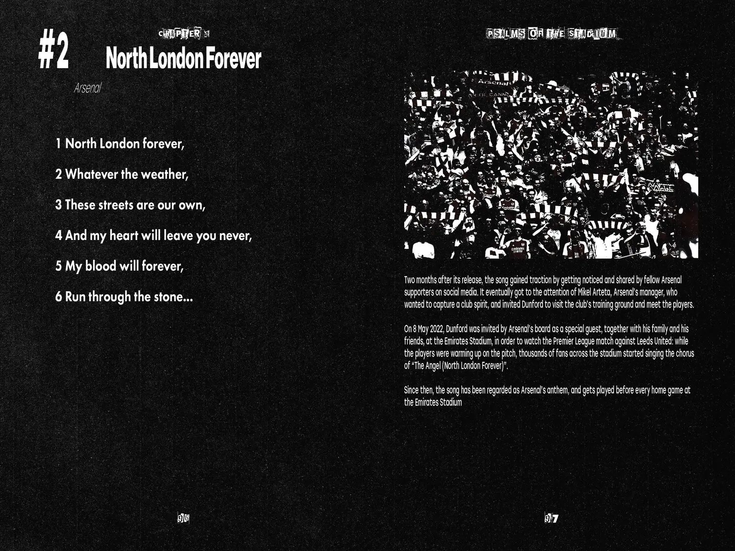 A spread setting the song North London Forever as a numbered psalm beside high contrast crowd photography