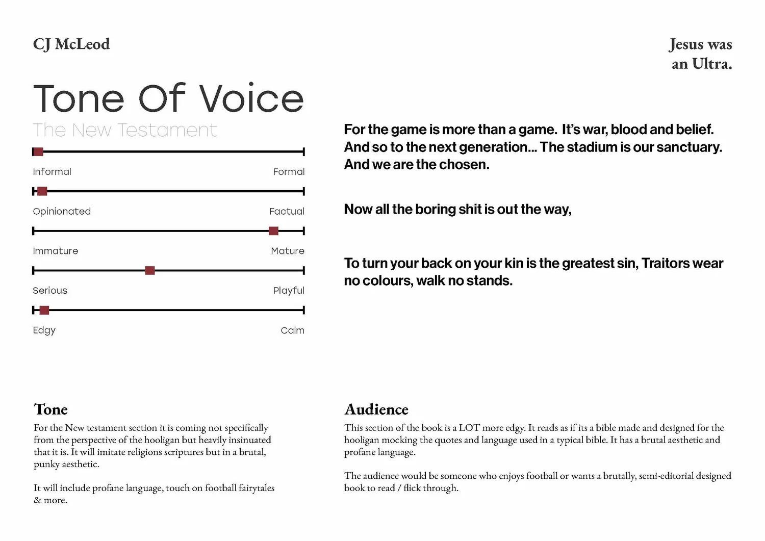 Tone of voice scales for the New Testament half, sliding towards edgy, playful and profane