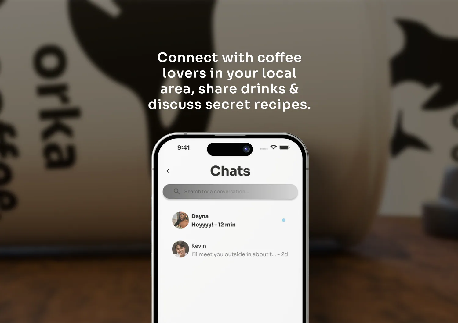 The app's chat screen, connecting coffee lovers nearby