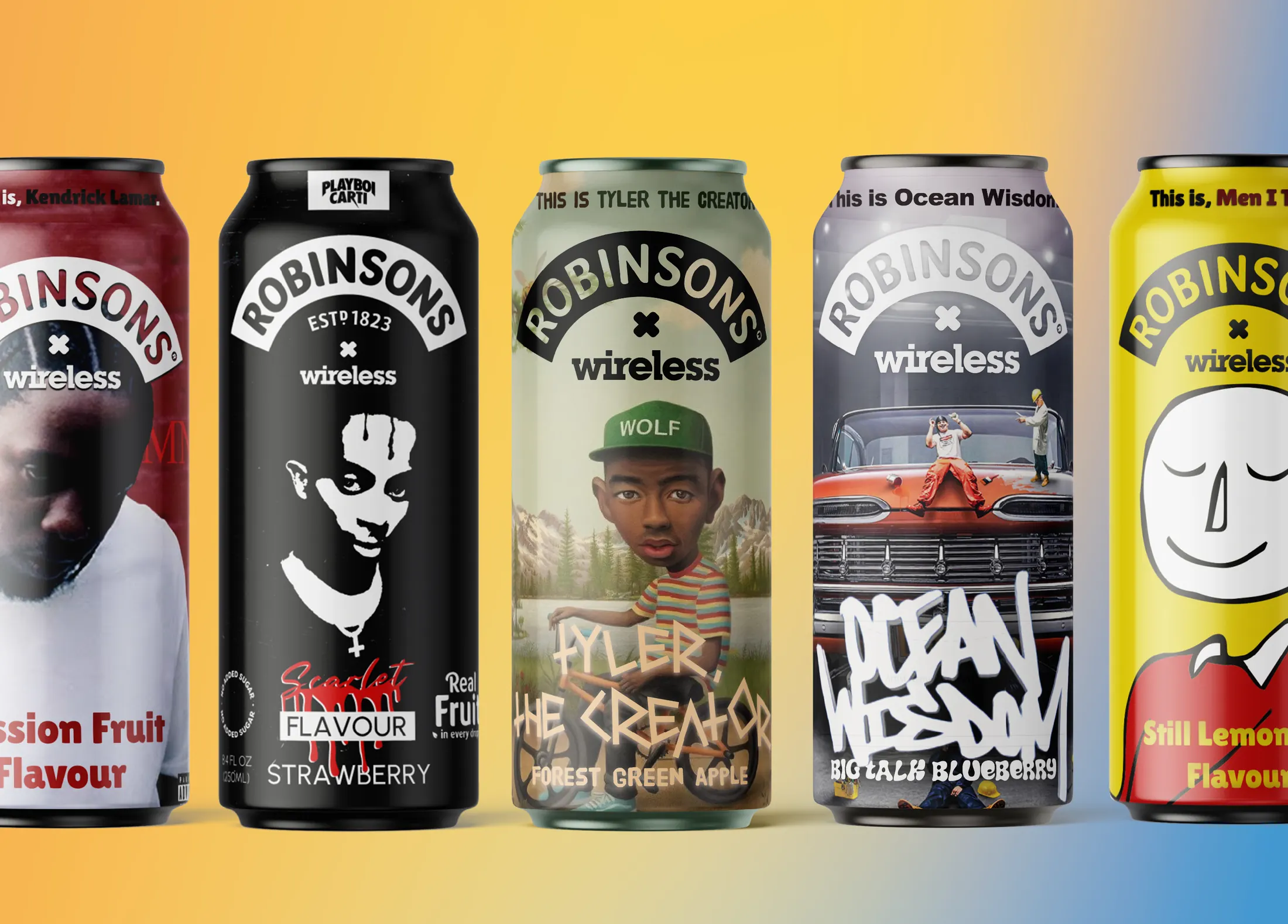 Five Robinsons x wireless cans in a row, each one a different artist and flavour