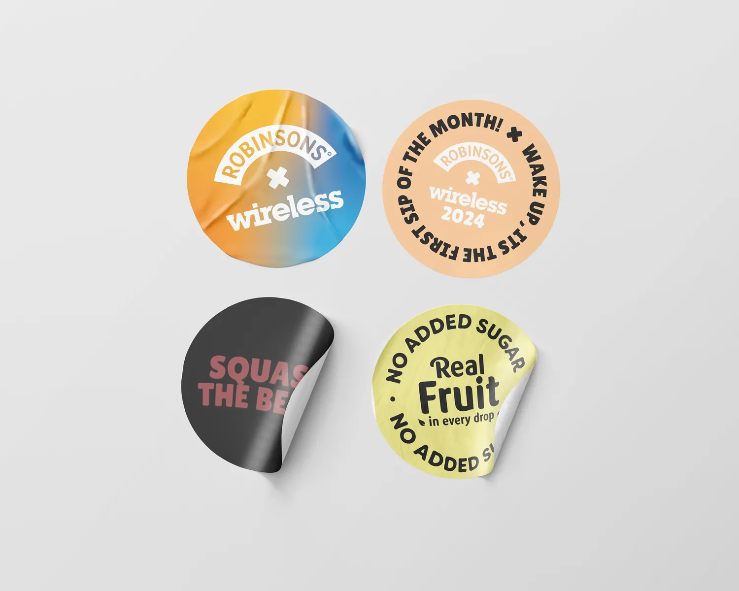 Four sticker designs, gradient, roundel, no added sugar and squash the beat