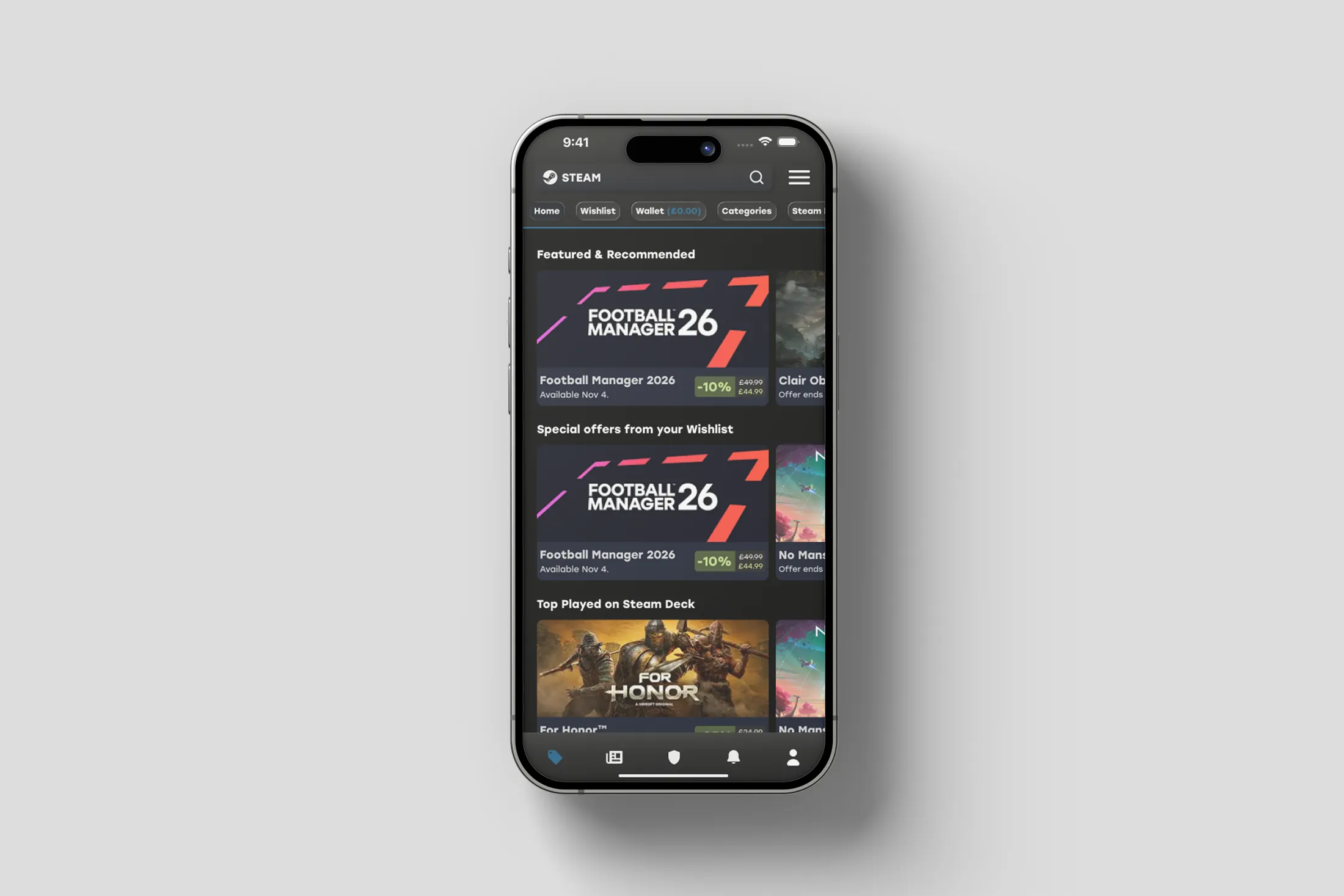 The redesigned Steam home screen on an iPhone, featured and recommended games