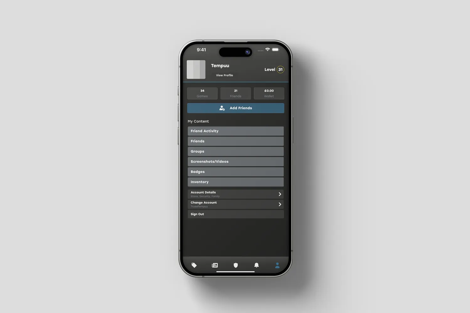 The redesigned profile screen with friend activity, groups and account details