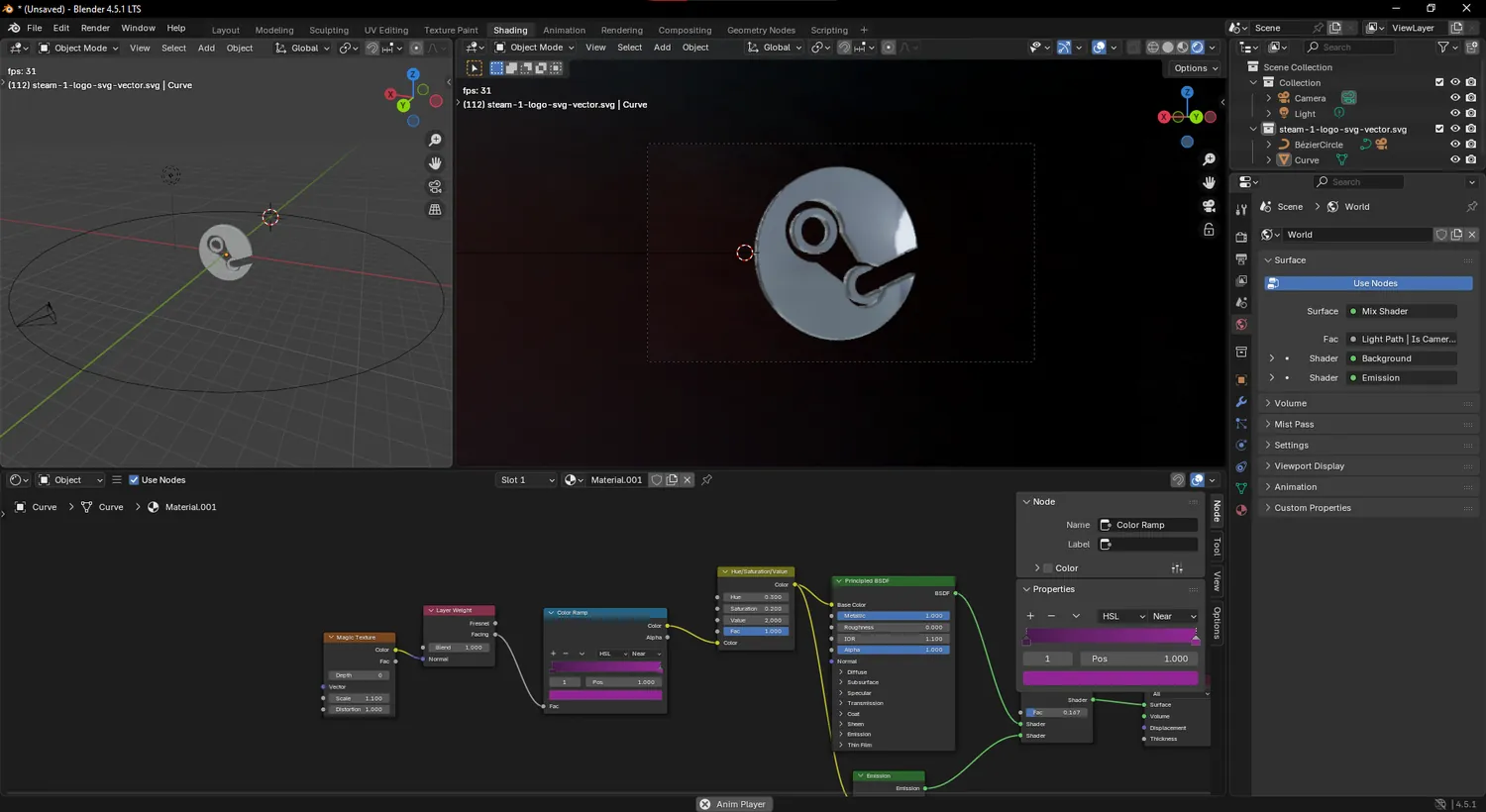 The Blender viewport showing the logo alongside its shader node tree