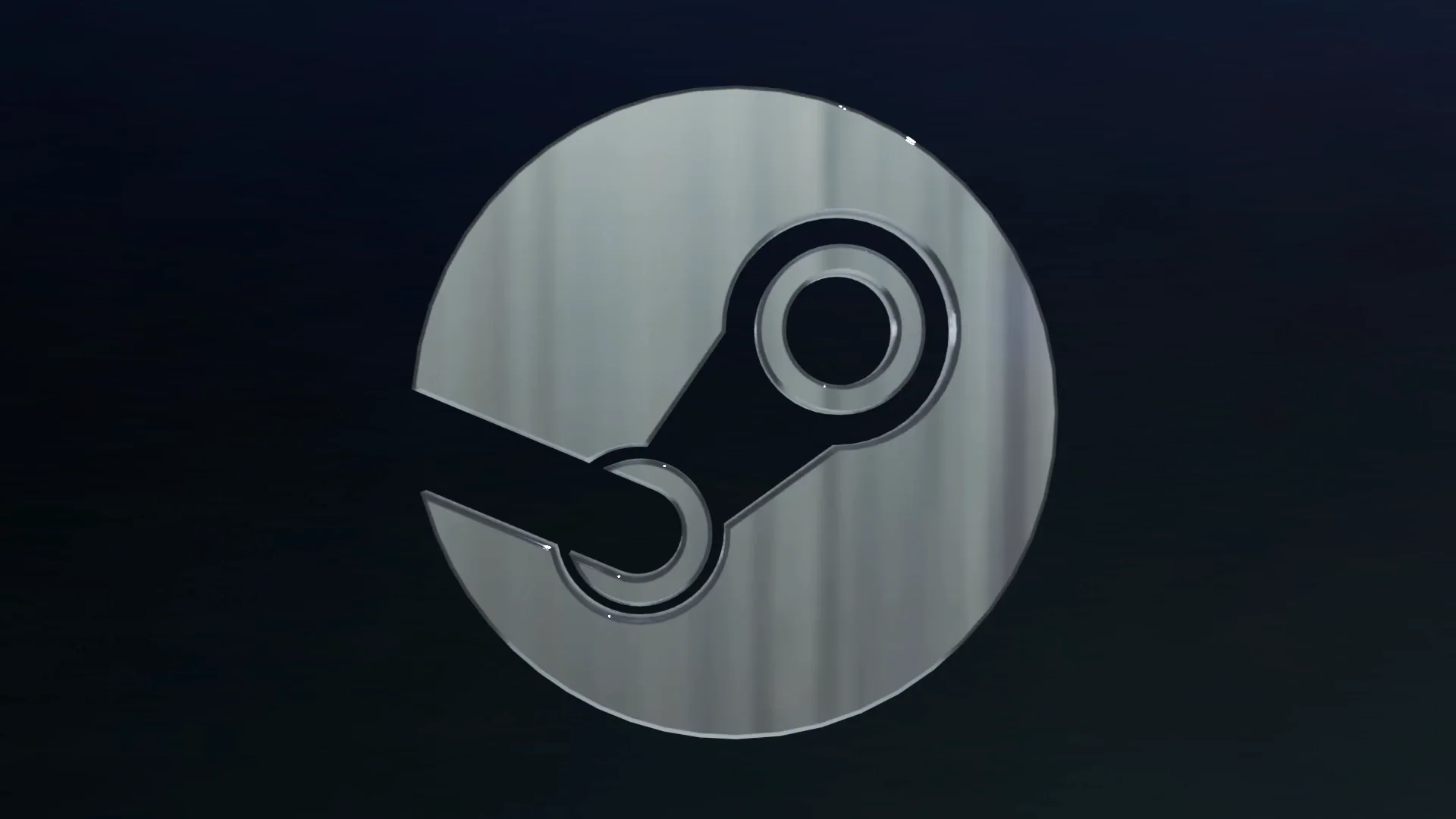 The Steam logo as a brushed metal disc, rendered in 3D on a dark blue background